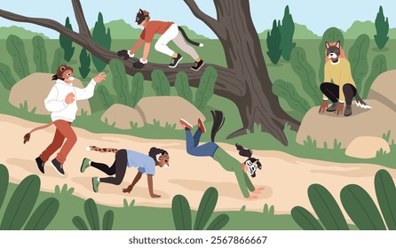 Animals copycats play on nature. People quadrobbers, leopard, lion, zebra and cougar play in park, children in fauna masks, happy teen friends cartoon flat isolated tidy vector concept