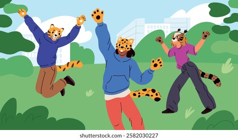 Animals cosplay. Teenagers in masks and pets tails playing on nature. Modern fandom subculture of quadrober. Fauna costumes. Wildlife imitation. Kids games in park