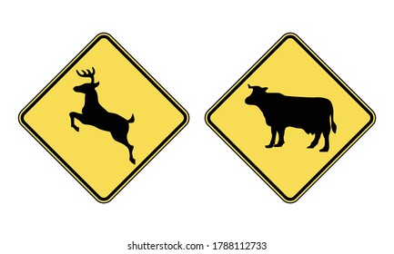 Animals crossing road sign set. Beware deer and cattle crossing road. Vector illustration of yellow diamond shaped warning traffic signs isolated on white background.