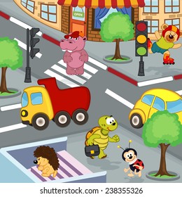 animals at crossroads - vector illustration, eps