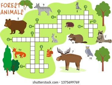 Animals crossword. Forest animals. Book puzzle crossword game with forest animals vector illustration