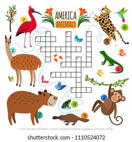 Animals crossword puzzle. Wild life animal set crossword game with herbivores and predators animals vector illustration