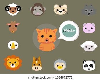 Animals cute baby cartoon cubs flat design head icons character set illustration