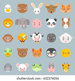Animals. cute baby cartoon flat head design icon character set. Vector illustration