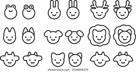 Animals cute baby drawing outline vector editable isolated, frog, rabbit, deer, wolf, dog, lion, cow, cat, goat minimalist logo icon symbol.