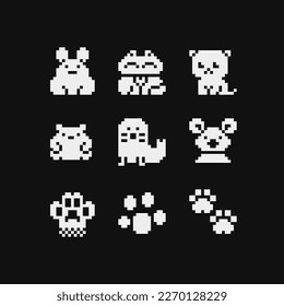 Animales adorables gatos con iconos de arte de píxel de 1 bit, cabezas de personajes de gato y patas de gato. Tienda de logotipos para mascotas, dispensarios veterinarios. Etiquetas y diseño de bordado. Ilustración vectorial aislada. Estilo de los 80. 