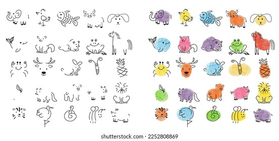 Animals and cute characters finger drawings for kids. Isolated naive and primitive artwork for children development of painting skills. Cheerful personages, color and monochrome. Vector in flat style