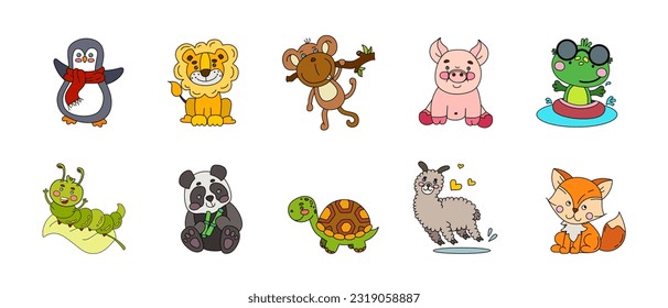 Animals Cute Doodle Set Vector Color Illustration Isolated on White 