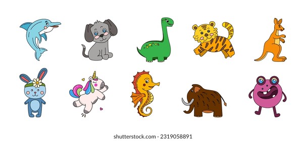 Animals Cute Doodle Set Vector Color Illustration Isolated on White 