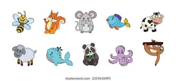 Animals Cute Doodle Set Vector Color Illustration Isolated on White 