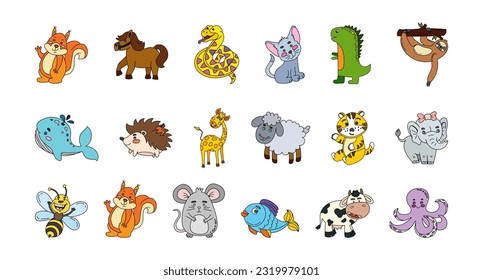 Animals Cute Doodle Set Vector Color Illustration Isolated on White 