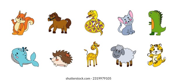 Animals Cute Doodle Set Vector Color Illustration Isolated on White 