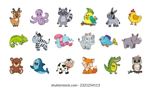 Animals Cute Doodle Set Vector Color Illustration Isolated on White 