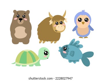 Animals with cute eyes and blush on cheeks vector set. Cartoon illustrations of different animals with adorable black eyes and blush isolated on white background. Zoo, childhood concept.