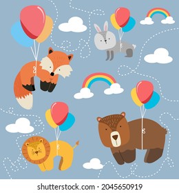 Animals so cute flying the balloons.card design,t-shirt print for kids. Vector and illustration.