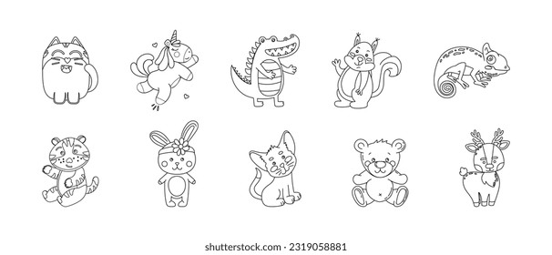 Animals Cute Funny Set of Drawings Vector black and white illustration Isolated on a white 
