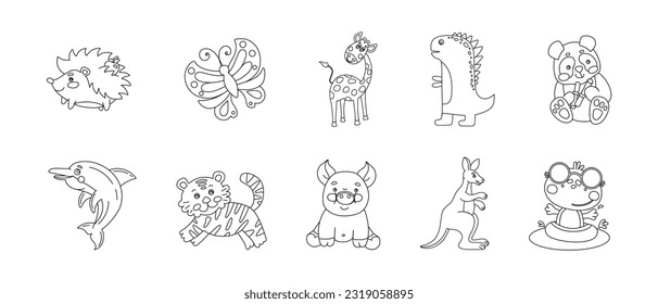 Animals Cute Funny Set of Drawings Vector black and white illustration Isolated on a white 