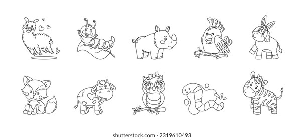 Animals Cute Funny Set of Drawings Vector black and white illustration Isolated on a white 