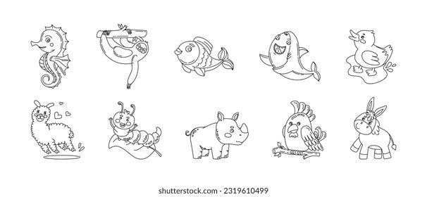 Animals Cute Funny Set of Drawings Vector black and white illustration Isolated on a white 