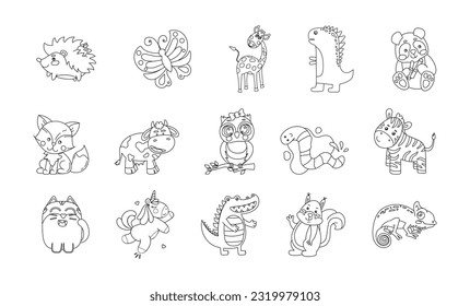 Animals Cute Funny Set of Drawings Vector black and white illustration Isolated on a white 
