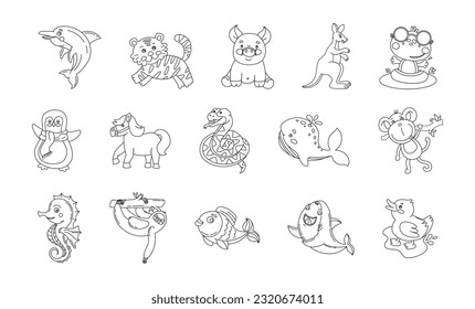 Animals Cute Funny Set of Drawings Vector black and white illustration Isolated on a white 