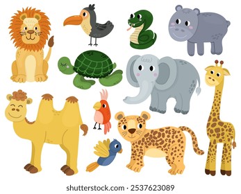 Animales lindos para niños conjunto de ilustración con diferentes safari o selva. Hipopótamo, camello, jirafa, león y otros. Niños de diseño de dibujos animados