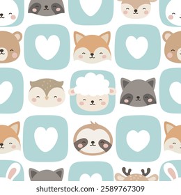 Animals Cute Seamless Pattern, adorable design for kids, vector illustration