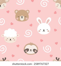 Animals Cute Seamless Pattern, adorable design for kids, vector illustration