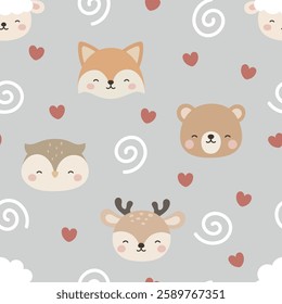 Animals Cute Seamless Pattern, adorable design for kids, vector illustration