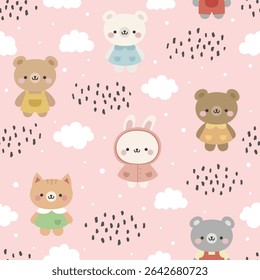 Animals Cute Seamless Pattern, adorable design for kids, vector illustration