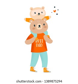 Animals. Cute teddy bears. Happy father day. Best dad ever. Father and child. Trendy illustration. Flat Illustration for kids game, book, t-shirt, card, print, poster, decoration and textile