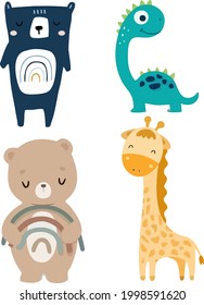 Animals Cute Vector, there are three animals  four poses namely giraffe, bear, and dino. have a variety of colors to create a colorful impression.