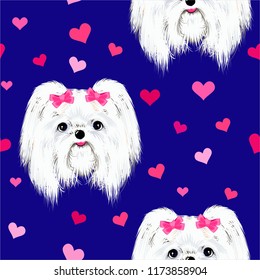 animals cute white dog muzzle with bows on head blue background with red hearts seamless vector pattern