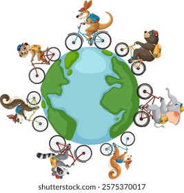 Animals cycling together around a globe illustration