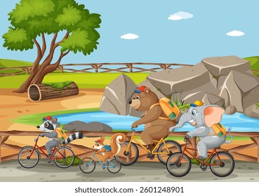 Animals cycling together in a scenic landscape