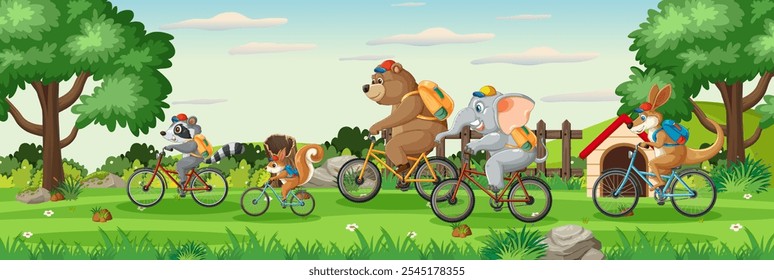 Animals cycling together in a scenic park