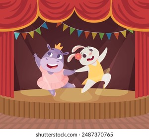 animals dancers. cartoon rabbit and hippo ballerina dancers on scene