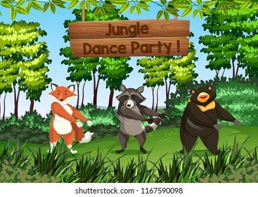 Animals dancing in jungle illustration