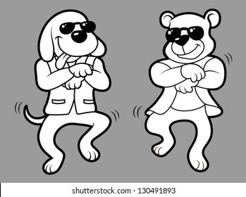 Animals Dancing a Popular Dance. Dog and bear dance in black and white. Find another funny animals Gangnam Style image in colorful style.