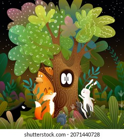 Animals in the dark spooky forest looking at the big eyes in the hollow of the tree. Kids fairytale watercolor style mystery illustration. Wallpaper or greeting card children vector design.