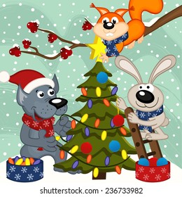 animals decorating Christmas tree - vector illustration, eps