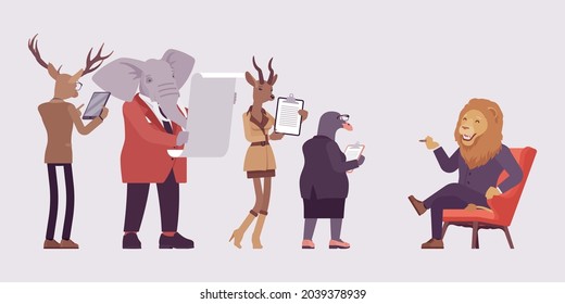 Animals, deer, elephant, roe, gull bird reporting before lion boss. Workers and strong business male person of great physical power, courage, office king meeting his employees. Vector illustration