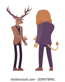 Animals, deer, lion meeting to greet, reach out hand shake. Large male beasts wearing formal human business wear facing each other for congratulation, agreement, farewell gesture. Vector illustration