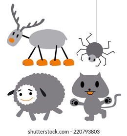 Animals: deer, spider, sheep, cat.