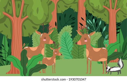 Animals deers skunk forest trees cartoon