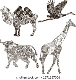 animals of different countries in ethnic ornaments on a white background