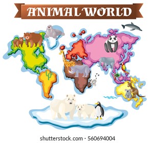 Animals in different parts of the world on map illustration