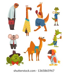 Animals of Different Professions Set, Sloth, Giraffe, Kangaroo, Frog, Parrot, Coala Bear, Camel, Crocodile Humanized Animals Cartoon Characters Vector Illustration