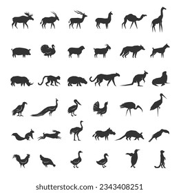 Animals. Different silhouettes of stylized wild and domestic monochrome animals recent vector pictures
