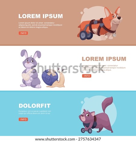 Animals disability. horizontal banners with cat dog and rabbit with damaged legs